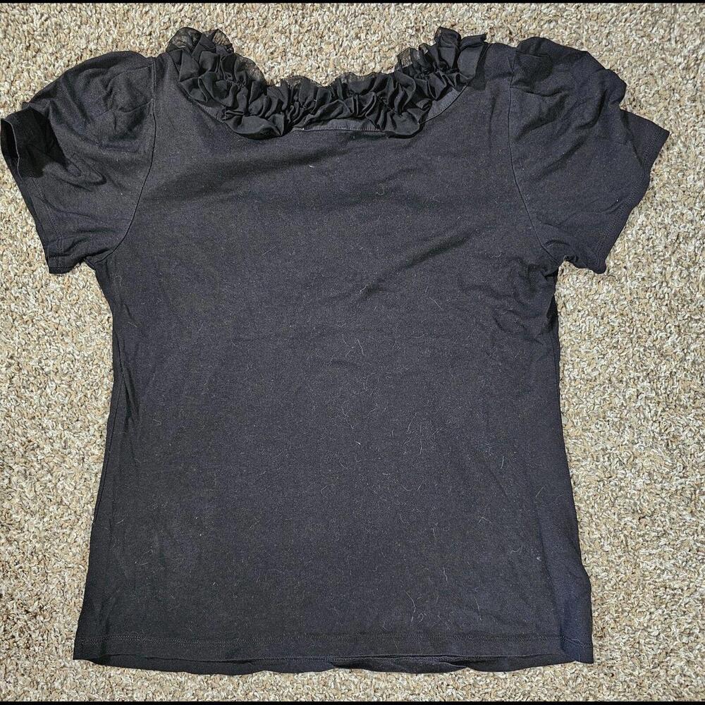 Ann Taylor LOFT Black Modal Short Sleeve Ruffled Neck Top M - Picture 7 of 8